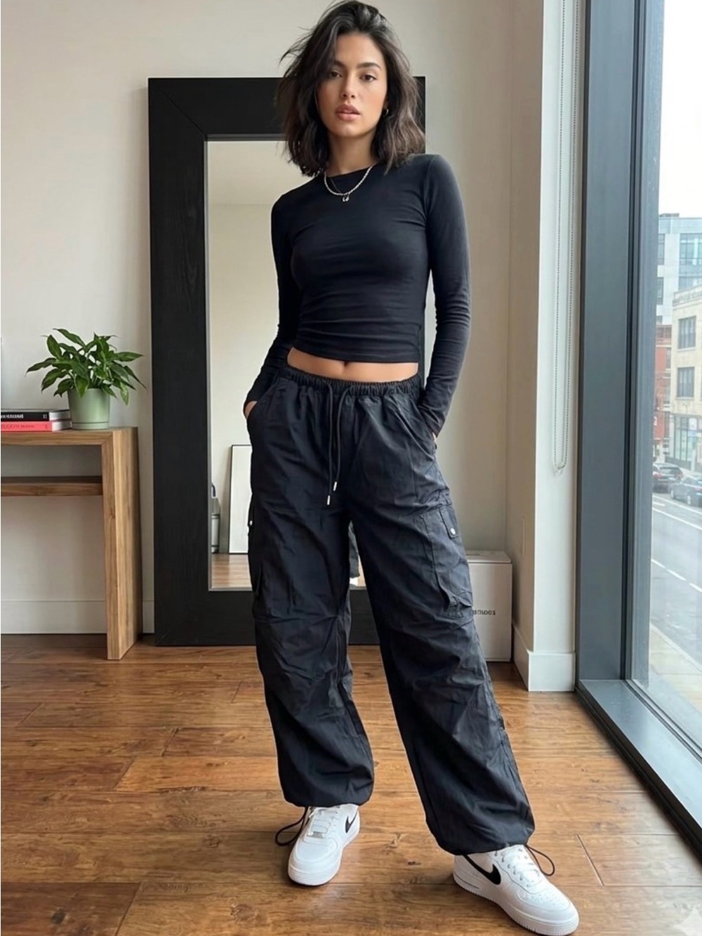 H&M Black Parachute Cargo pants Womens XS